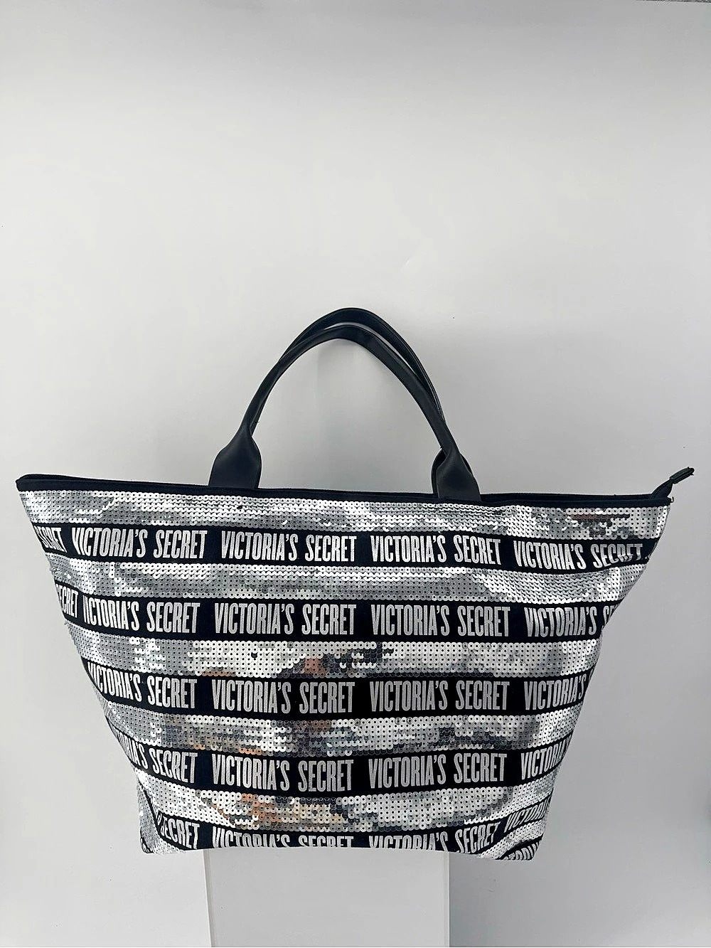 Victoria's Secret Black and Silver Sequin Logo Stripe Tote Bag Black & Silver